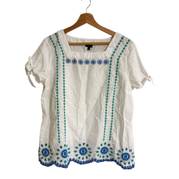 Talbots white linen blend embroidered eyelet tie sleeve square neck spring top L - Picture 3 of 12